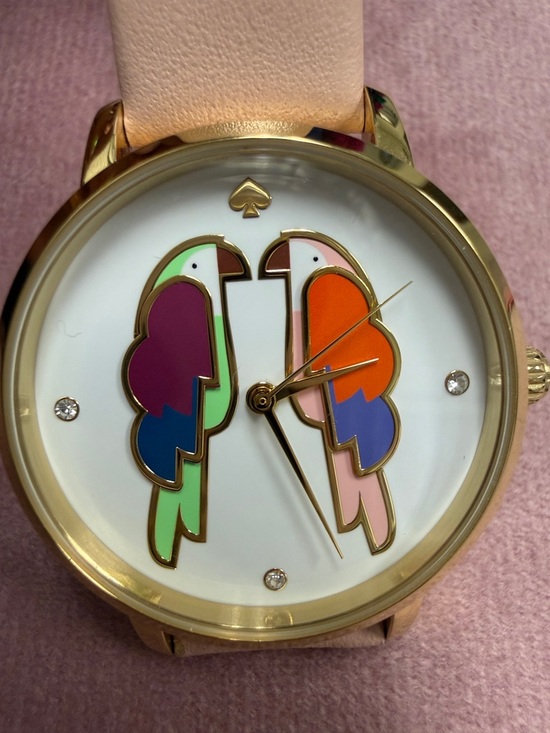 kate spade Accessories - kate spade Gold-Tone Watch with Pink Strap and Multi-Color Parrot Dial